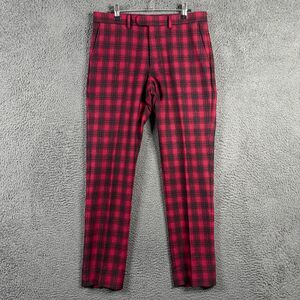 J Crew Pants Mens 31x32 Red Plaid Bowery Slim Fit Wool Blend Preppy Casual